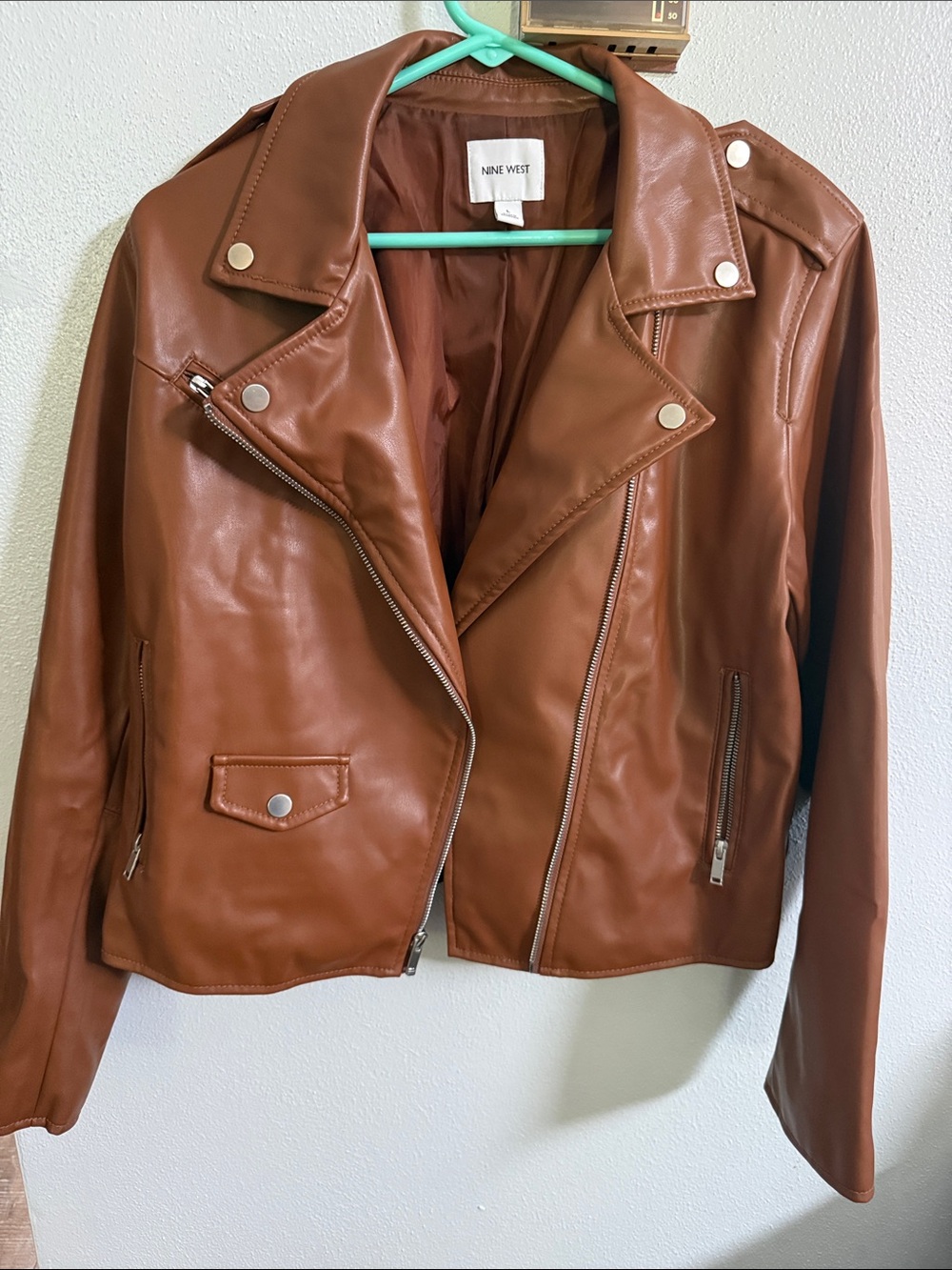 Nine West Tan Faux Leather Moto Jacket with Silver Hardware